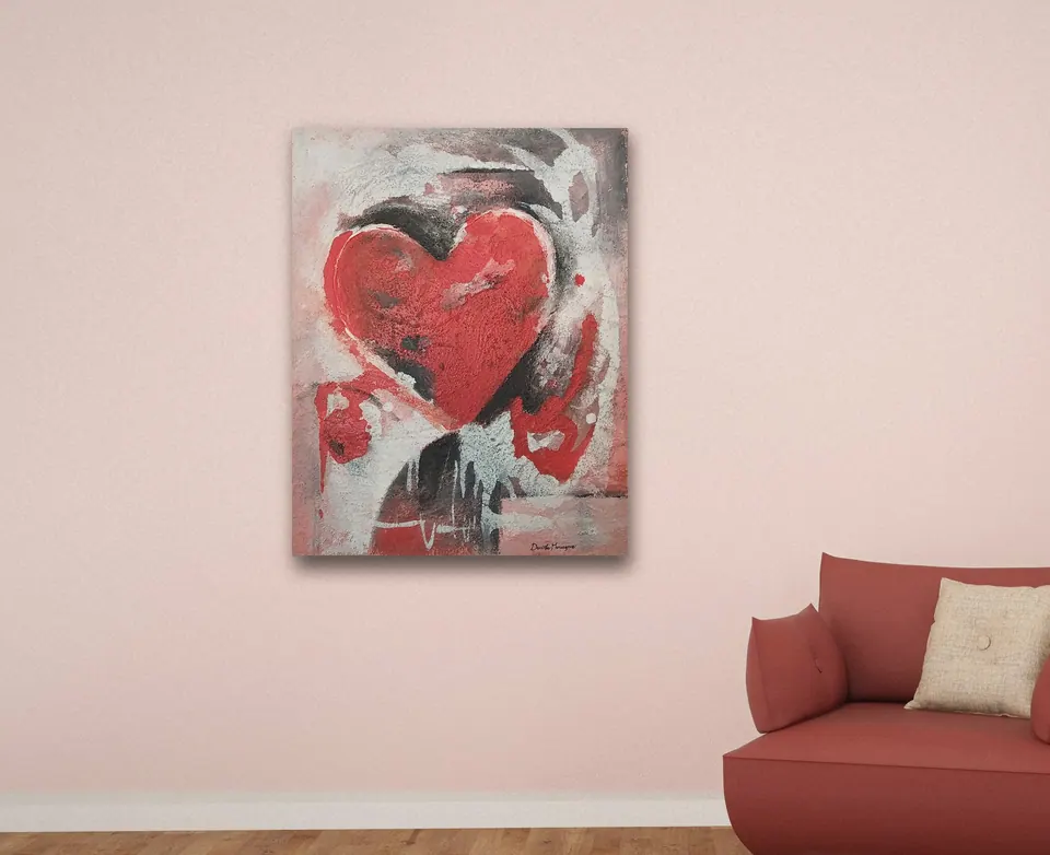 «Cuore astratto rosso» di Daniela Marangone, stampa su tela in un angolo lettura
