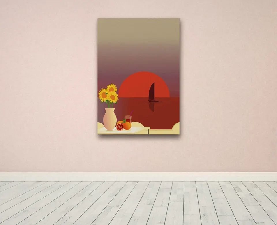 «Red Sunset in Sicily» di Giovanni Monasta, stampa su tela in un ambiente minimal