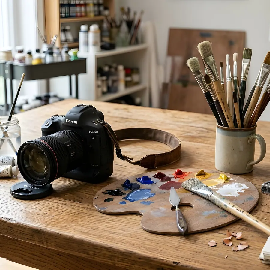 Tavolo di lavoro di un artista con fotocamera, pennelli e colori