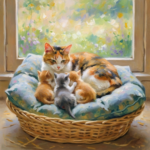 Una mamma gatta insieme ai suoi gattini