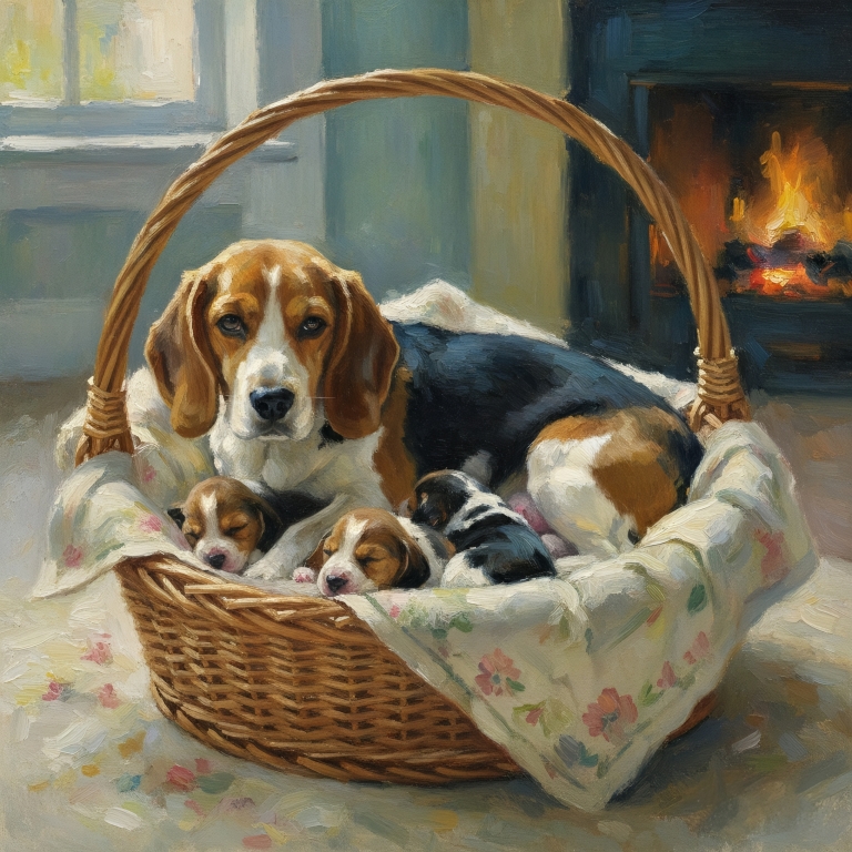 Una mamma Beagle insieme ai suoi cuccioli