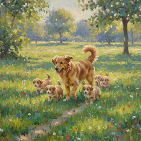 Una mamma Golden retriever insieme ai suoi cuccioli