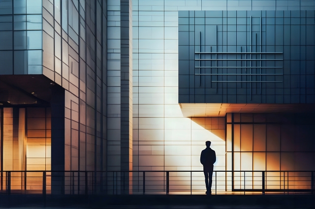 Silhouette di uomo. Architettura futuristica