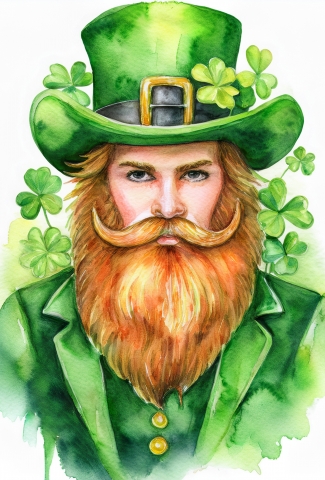 Leprechaun wearing green hat with a red beard