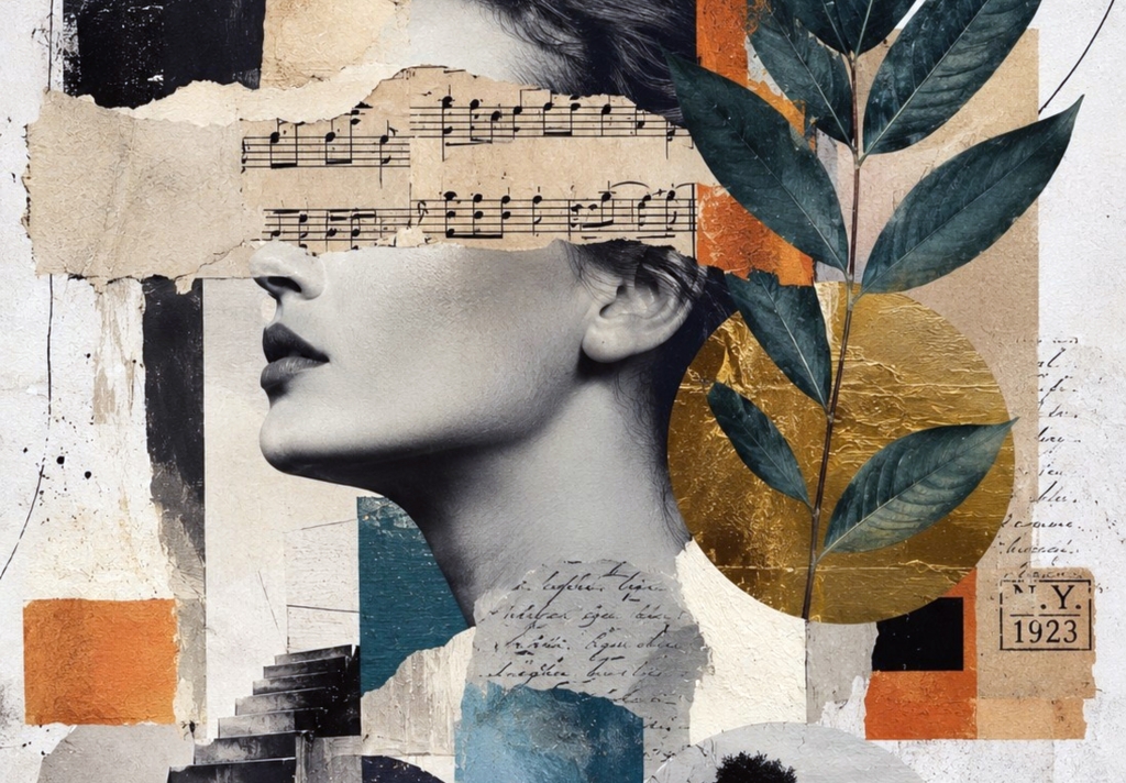 Woman face music composition with natural elements