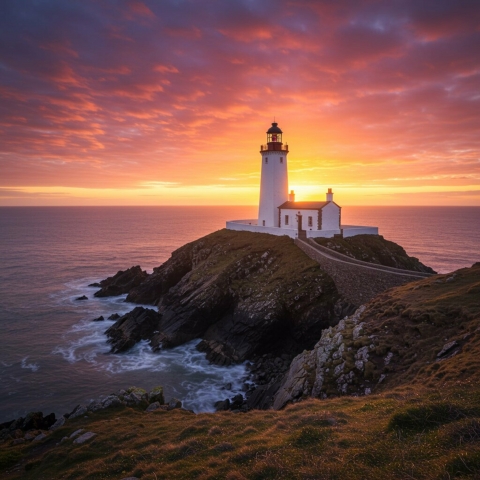 Lighthouse on the rock with sunset