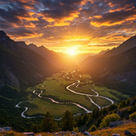 Rivers and mountains with sunset