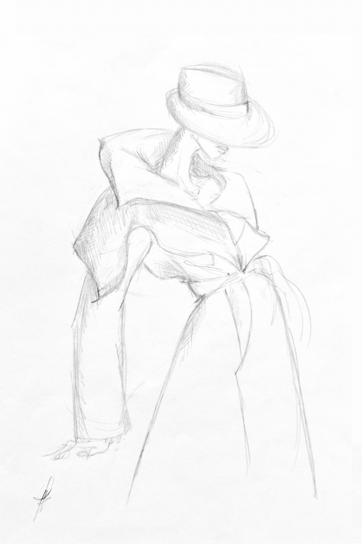 Disegno artistico a matita e a mano di donna con vestito fashion