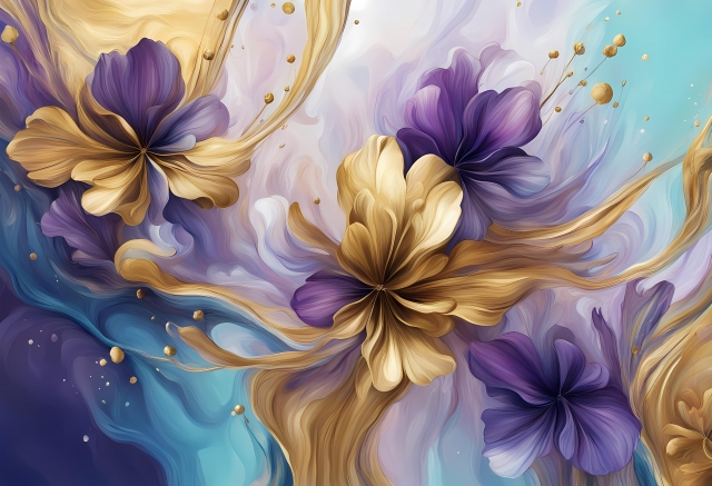 abstract fluid flowers gold blue and purple
