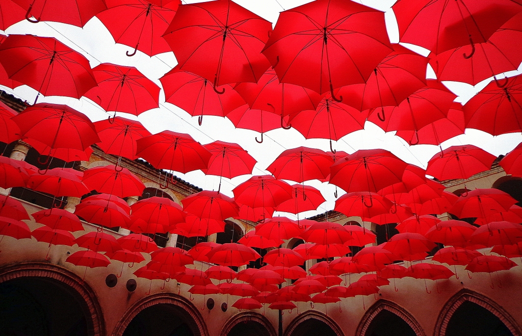 it's raining red umbrellas