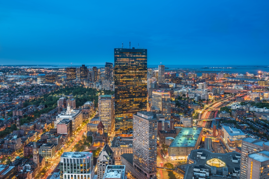 Lo skyline di Boston all'ora blu