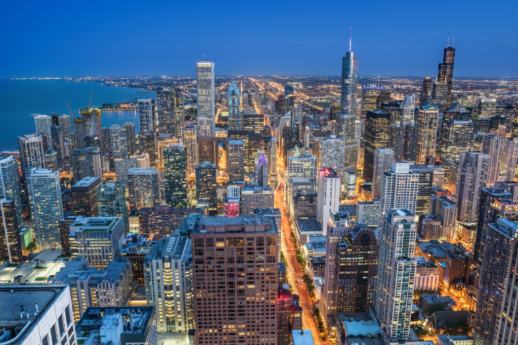 Lo skyline di Chicago all'ora blu