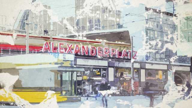 Watercolor painting of Alexanderplatz square in Berlin