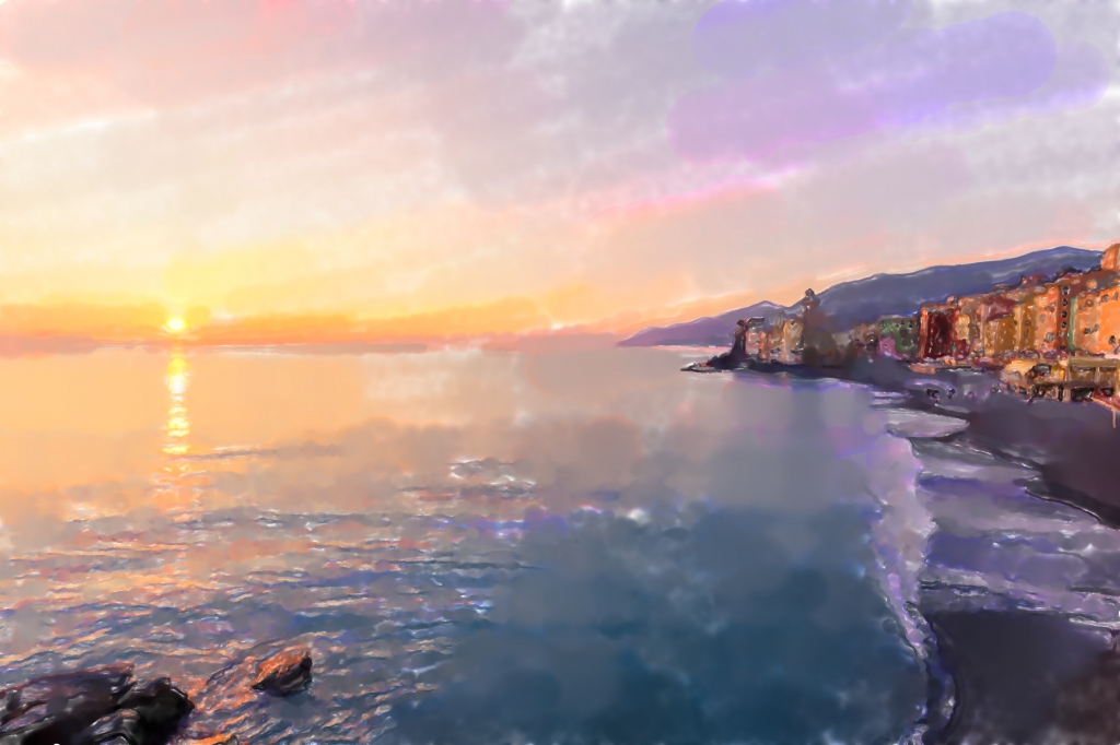 Acquerello del tramonto a Camogli
