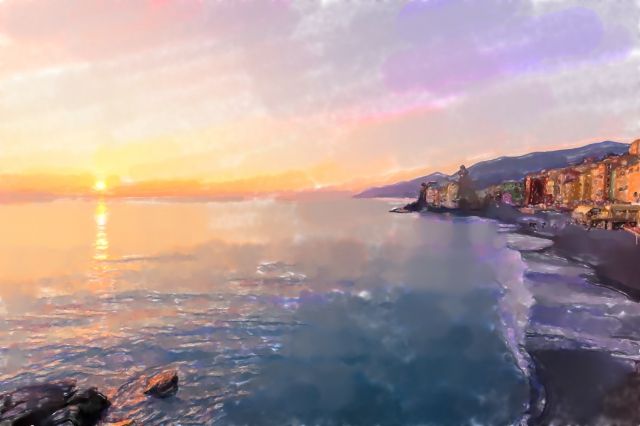 Acquerello del tramonto a Camogli