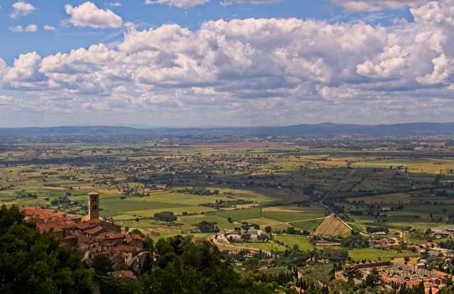 Panorama of the city of Cortona and Val di Chiana, Tuscany