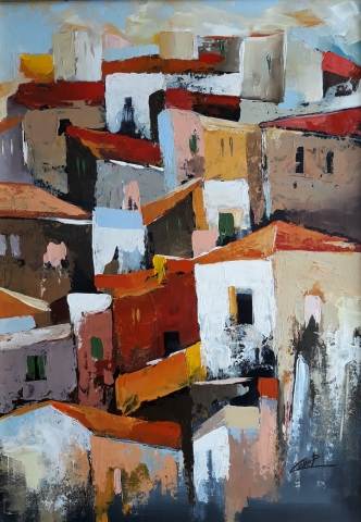Paesaggio urbano mediterraneo  dipinto cm 50 x 70