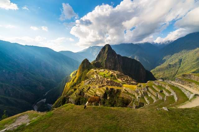 sunlight and sun rays over Machu Picchu, Peru
