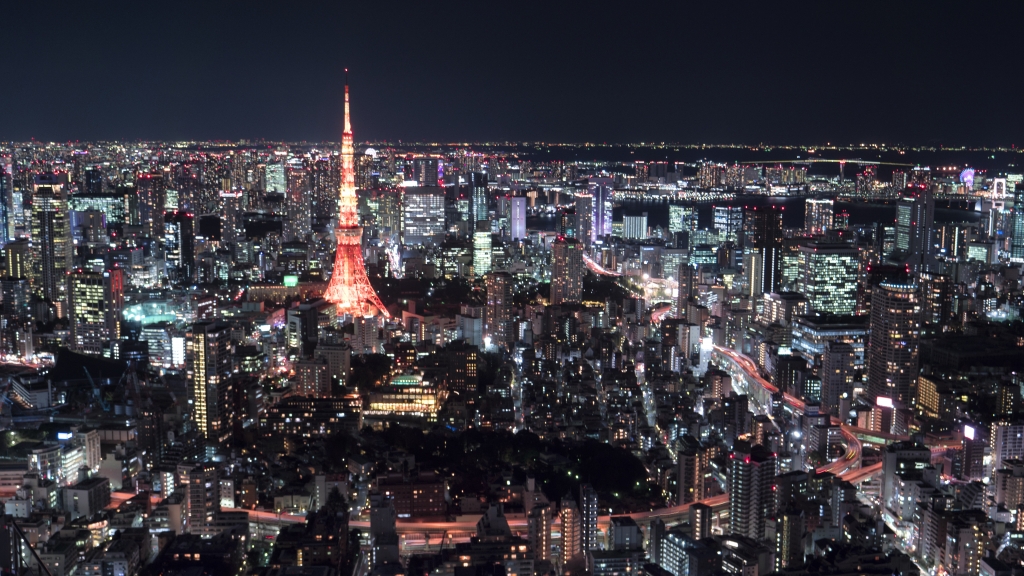 Tokyo, Giappone paesaggio urbano con la Torre di Tokyo di notte.