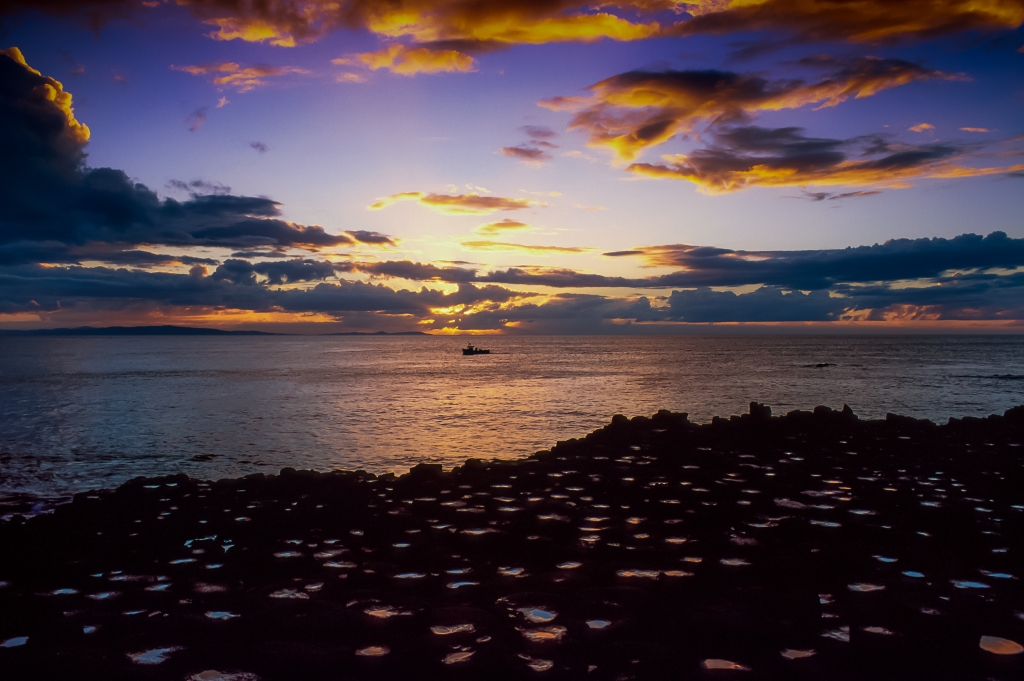 Sunset at the Giants Causeway, Northern Ireland, United Kingdom.