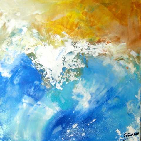 Pittura moderna contemporanea, blu, mare e sabbia