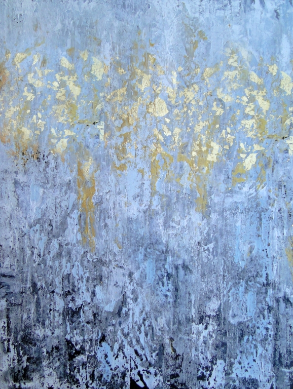 Tableau abstrait gris, blanc, noir et coulure or