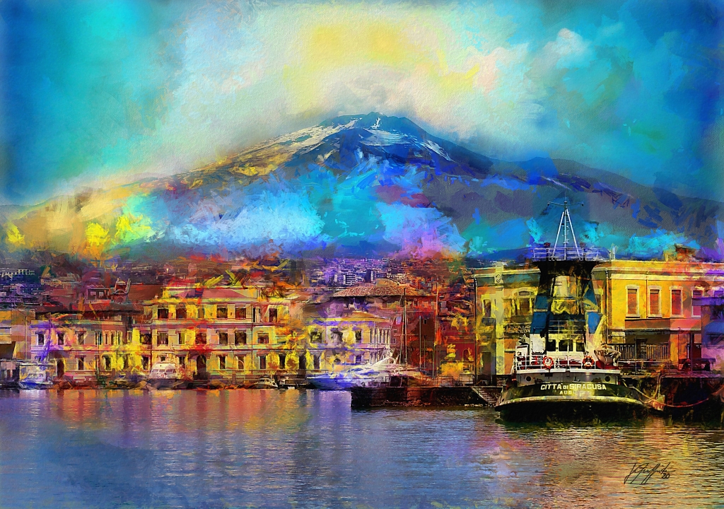 Porto di Catania con vista Etna