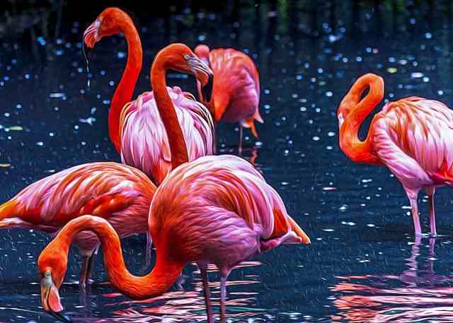 Fenicotteri rosa in uno stagno nel bosco