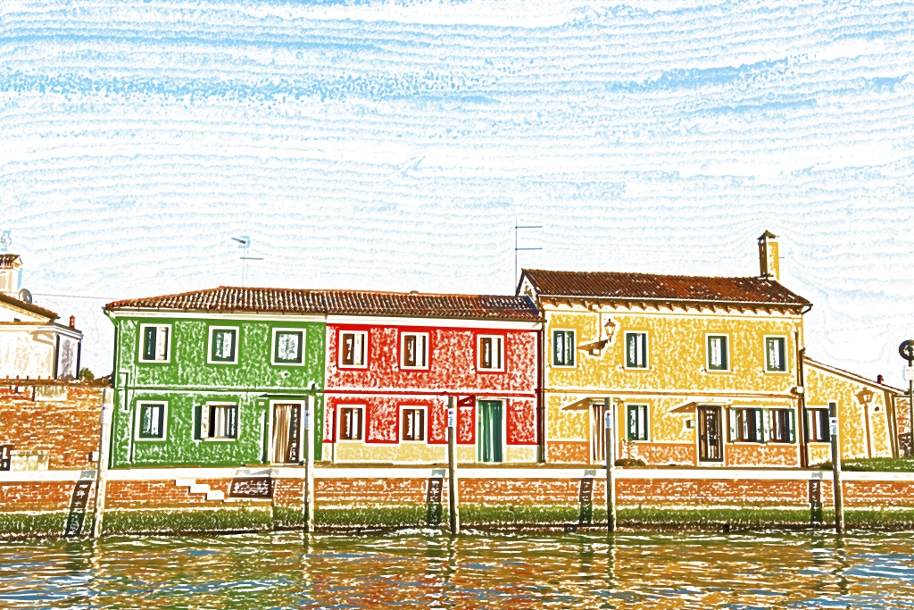 Paesaggio di Venezia,  Burano con case colorate.