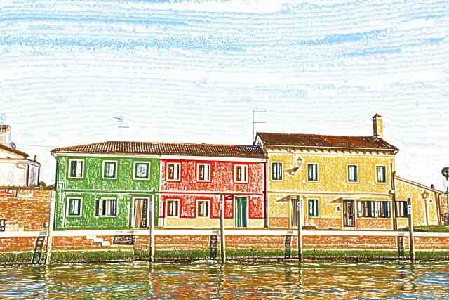 Paesaggio di Venezia,  Burano con case colorate.