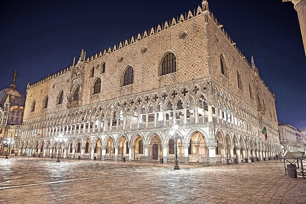 Paesaggio di Venezia con palazzo Ducale in notturno.