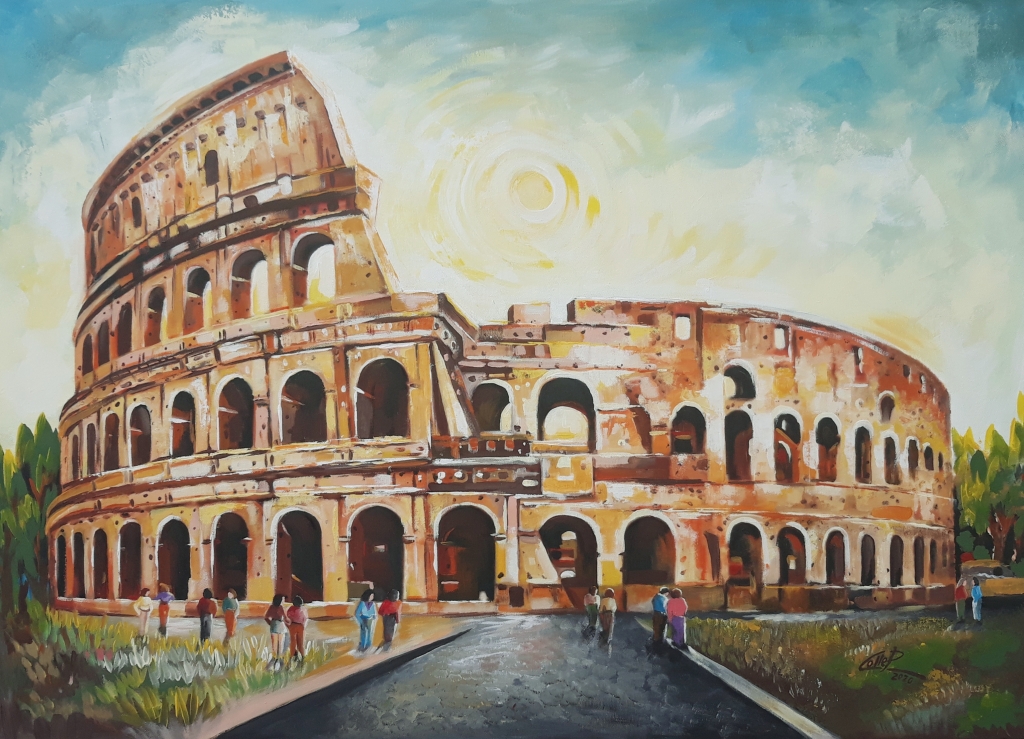 COLOSSEO Roma con turisti ...dipinto del M° Pasquale Colle