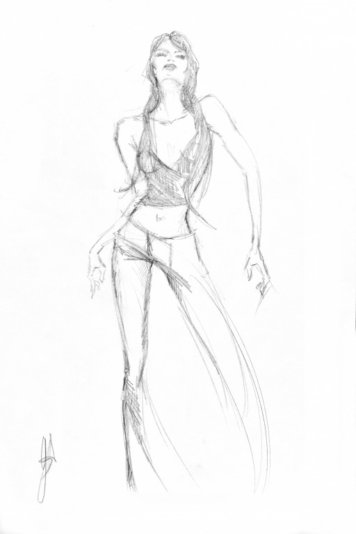 disegno a matita di donna con vestito corto