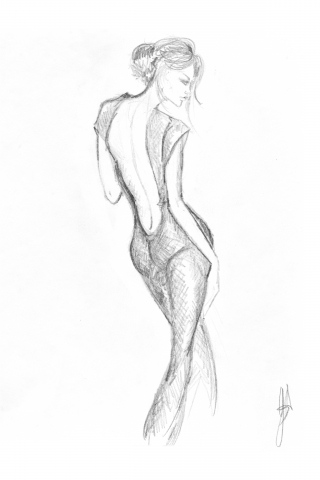disegno a matita in bianco e nero di giovane modella