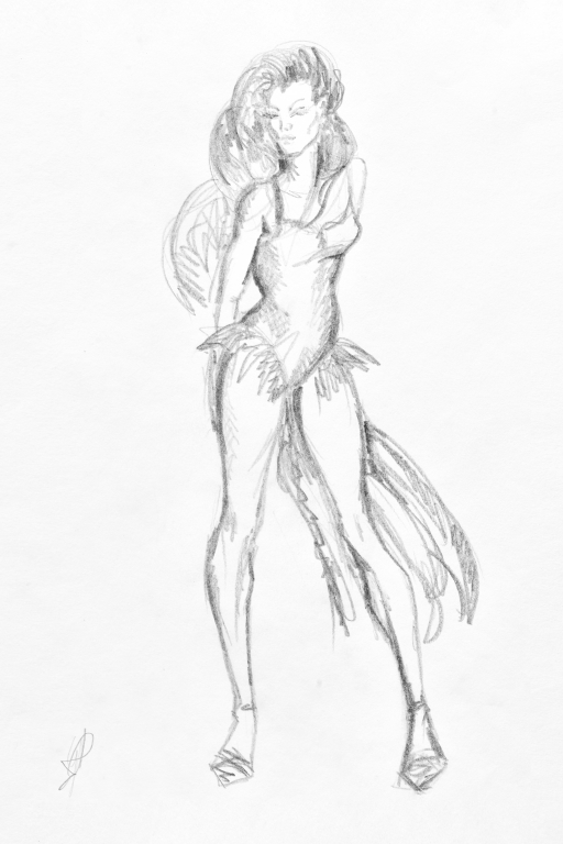 disegno in bianco e nero a matita di donna con vestito fantasy