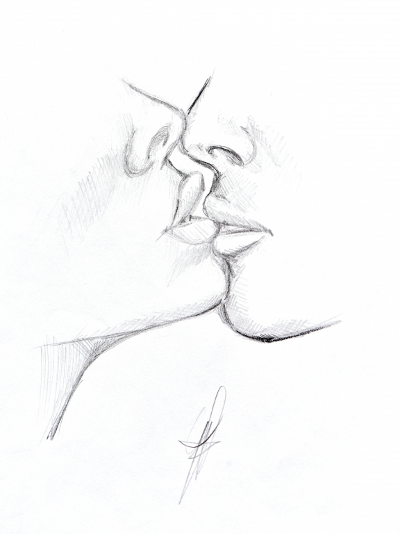 Disegno a matita in bianco e nero di un bacio