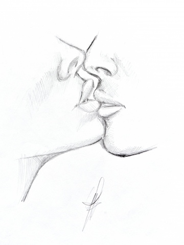 Disegno a matita in bianco e nero di un bacio
