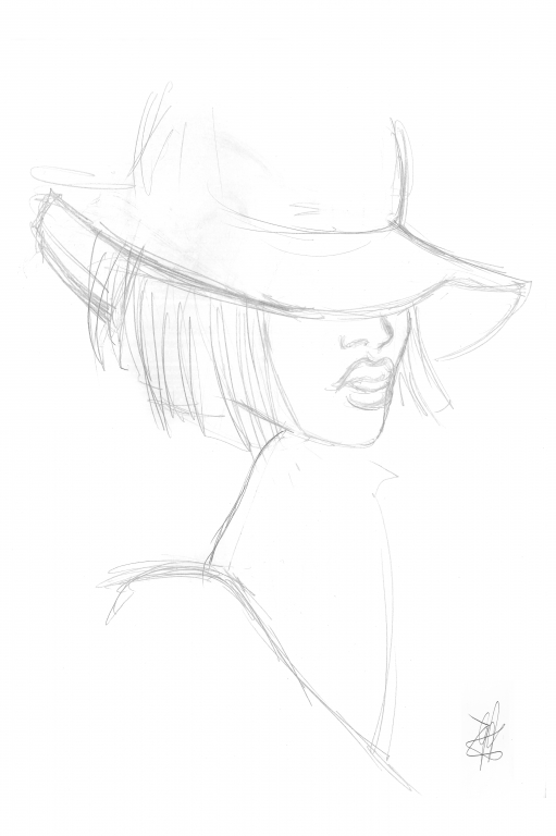 disegno a matita di ritratto femminile con cappello