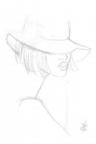 disegno a matita di ritratto femminile con cappello