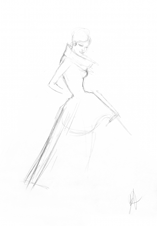 Dissegno artistico a matita e a mano di donna fashion con gonna