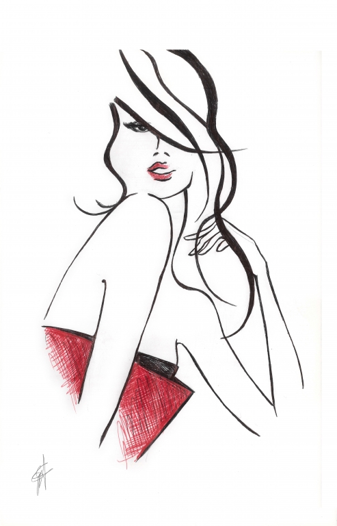 disegno artistico a penna di giovane donna con vestito