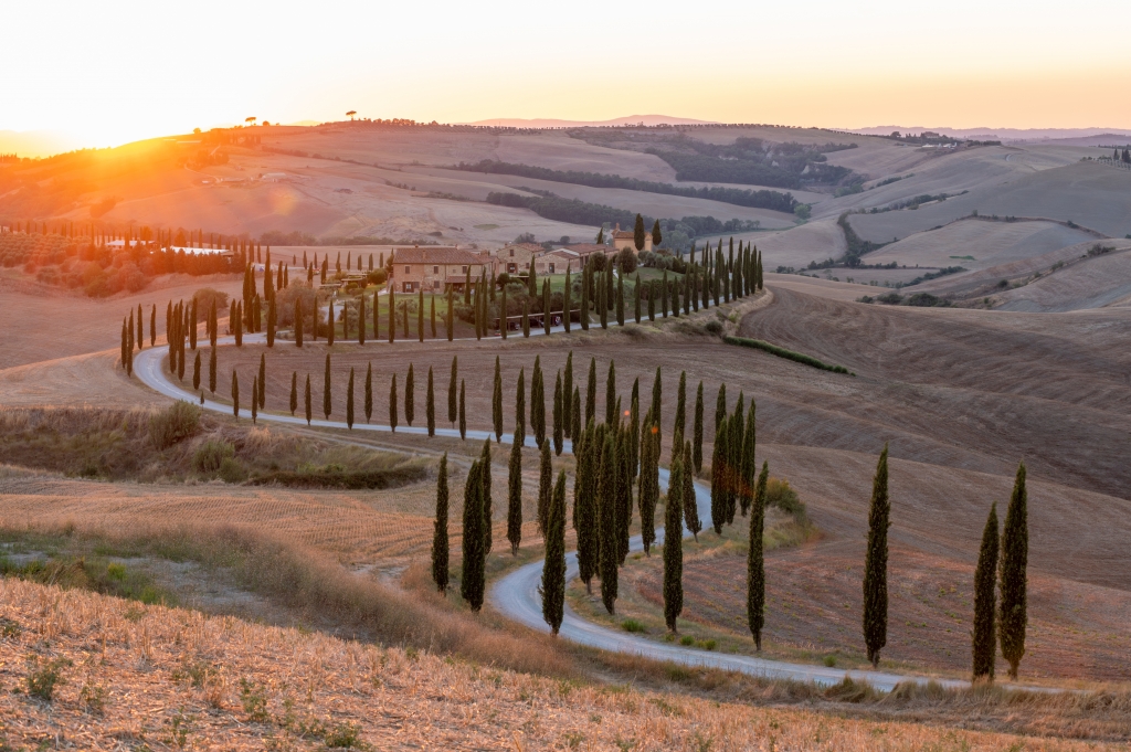 Tramonto sul viale di cipressi, val d'Orcia Toscana