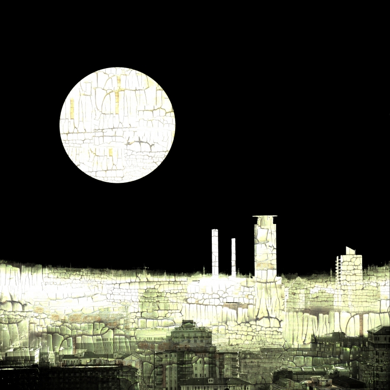 Veduta cittadina notturna con luna piena