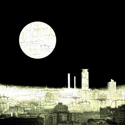 Veduta cittadina notturna con luna piena