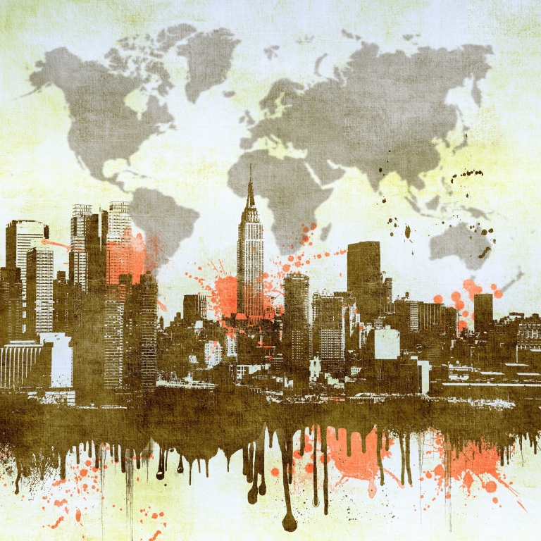 Veduta della città di New York con planisfero in cielo