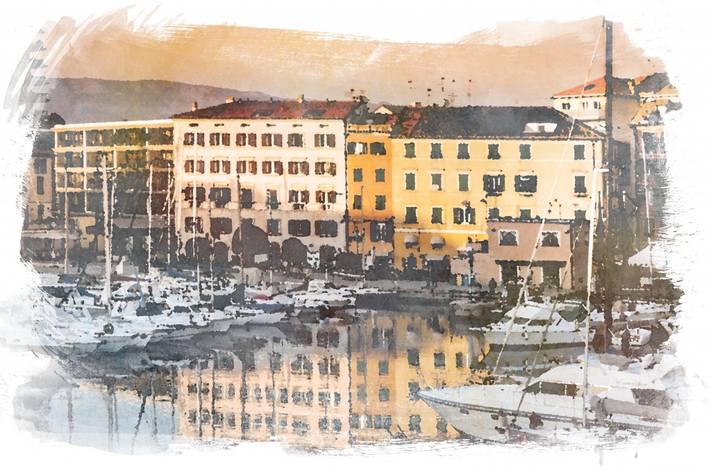 Dipinto, pittura. Porto di Savona al tramonto
