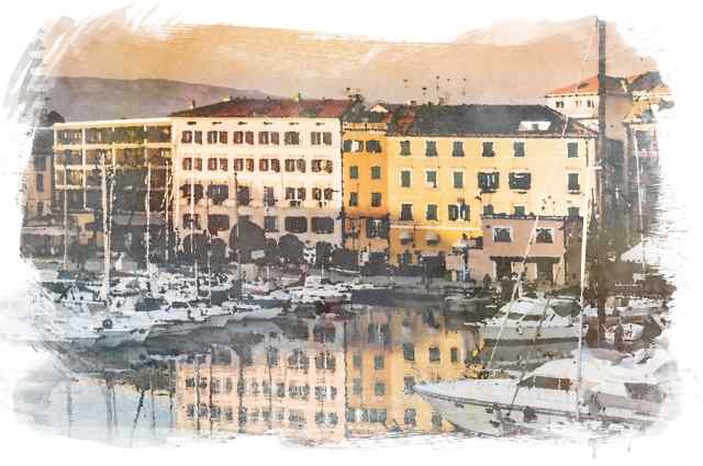 Dipinto, pittura. Porto di Savona al tramonto