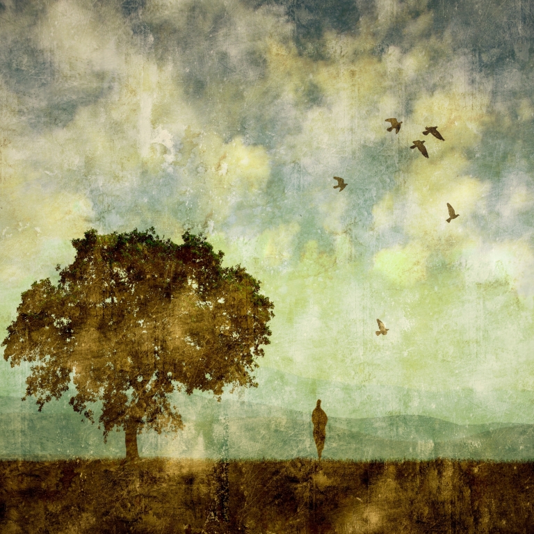 Piccola figura con albero solitario