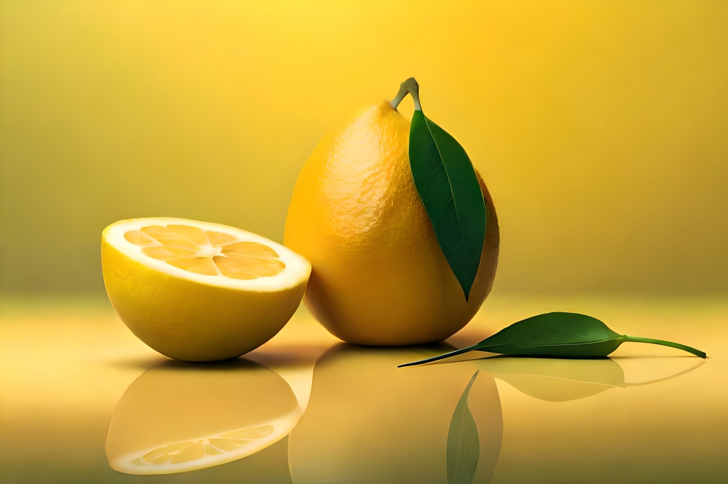 Still Life. Limone giallo su sfondo giallo oro.