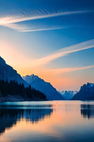 Sunset, lake and mountain